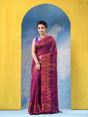 pink cotton handloom cotton silk saree sorno mukut copper work with blouse piece 1