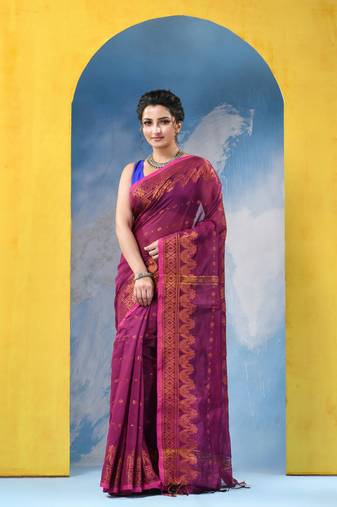 pink cotton handloom cotton silk saree sorno mukut copper work with blouse piece