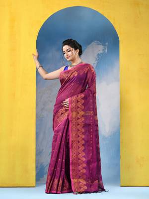 pink cotton handloom cotton silk saree sorno mukut copper work with blouse piece 2
