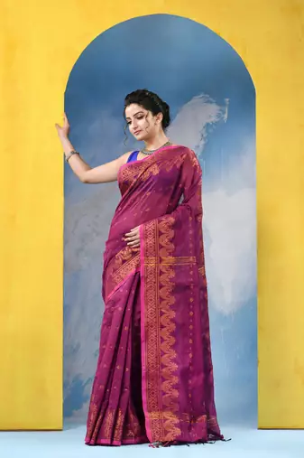 pink cotton handloom cotton silk saree sorno mukut copper work with blouse piece