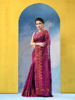 pink cotton handloom cotton silk saree sorno mukut copper work with blouse piece 3