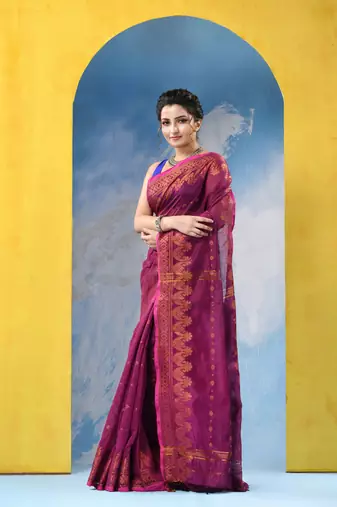 pink cotton handloom cotton silk saree sorno mukut copper work with blouse piece