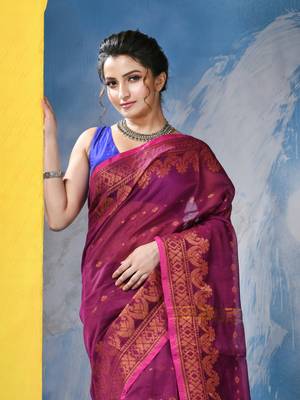 pink cotton handloom cotton silk saree sorno mukut copper work with blouse piece 4