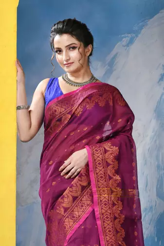 pink cotton handloom cotton silk saree sorno mukut copper work with blouse piece