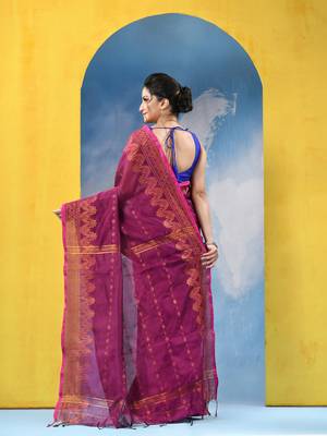 pink cotton handloom cotton silk saree sorno mukut copper work with blouse piece 5