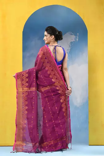 pink cotton handloom cotton silk saree sorno mukut copper work with blouse piece