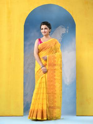 yellow cotton handloom cotton silk saree sorno mukut copper work with blouse piece 1