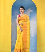 yellow cotton handloom cotton silk saree sorno mukut copper work with blouse piece