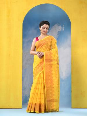 yellow cotton handloom cotton silk saree sorno mukut copper work with blouse piece 2