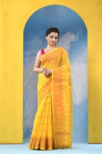 yellow cotton handloom cotton silk saree sorno mukut copper work with blouse piece