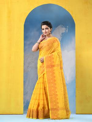 yellow cotton handloom cotton silk saree sorno mukut copper work with blouse piece 3