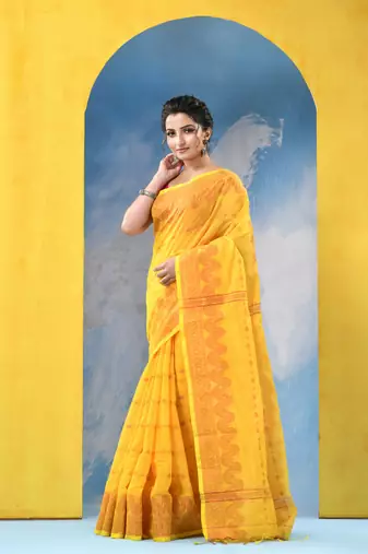yellow cotton handloom cotton silk saree sorno mukut copper work with blouse piece