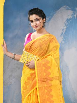 yellow cotton handloom cotton silk saree sorno mukut copper work with blouse piece 4