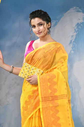 yellow cotton handloom cotton silk saree sorno mukut copper work with blouse piece