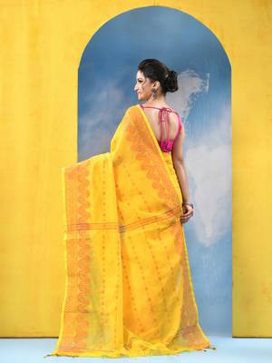 yellow cotton handloom cotton silk saree sorno mukut copper work with blouse piece 5