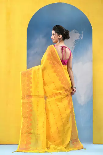 yellow cotton handloom cotton silk saree sorno mukut copper work with blouse piece