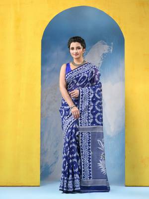 Blue Resham Dhakai Jamdani Cotton Handloom Saree Rose Design Jamdani Saree Without Blouse 1
