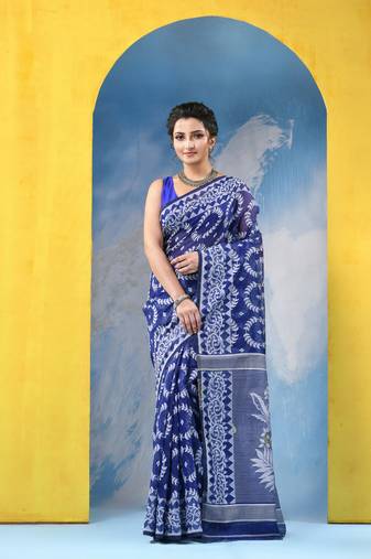 Blue Resham Dhakai Jamdani Cotton Handloom Saree Rose Design Jamdani Saree Without Blouse