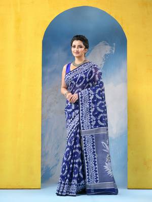 Blue Resham Dhakai Jamdani Cotton Handloom Saree Rose Design Jamdani Saree Without Blouse 2