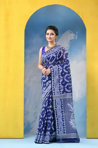 Blue Resham Dhakai Jamdani Cotton Handloom Saree Rose Design Jamdani Saree Without Blouse