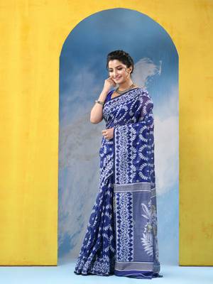 Blue Resham Dhakai Jamdani Cotton Handloom Saree Rose Design Jamdani Saree Without Blouse 3
