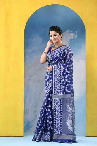 Blue Resham Dhakai Jamdani Cotton Handloom Saree Rose Design Jamdani Saree Without Blouse