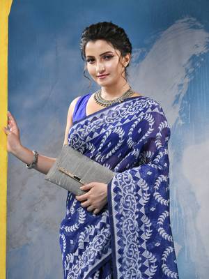 Blue Resham Dhakai Jamdani Cotton Handloom Saree Rose Design Jamdani Saree Without Blouse 4