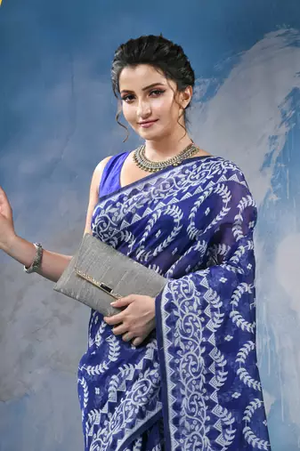 Blue Resham Dhakai Jamdani Cotton Handloom Saree Rose Design Jamdani Saree Without Blouse