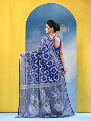 Blue Resham Dhakai Jamdani Cotton Handloom Saree Rose Design Jamdani Saree Without Blouse 5
