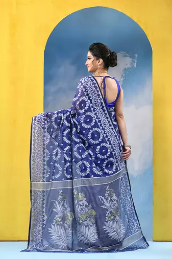 Blue Resham Dhakai Jamdani Cotton Handloom Saree Rose Design Jamdani Saree Without Blouse
