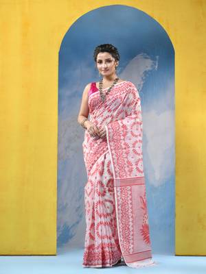 Pink Resham Dhakai Jamdani Cotton Handloom Saree Rose Design Jamdani Saree Without Blouse 1
