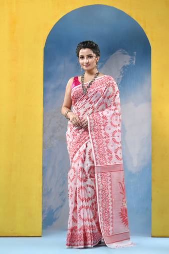 Pink Resham Dhakai Jamdani Cotton Handloom Saree Rose Design Jamdani Saree Without Blouse