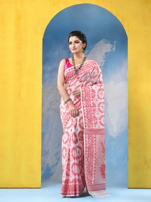 Pink Resham Dhakai Jamdani Cotton Handloom Saree Rose Design Jamdani Saree Without Blouse 2