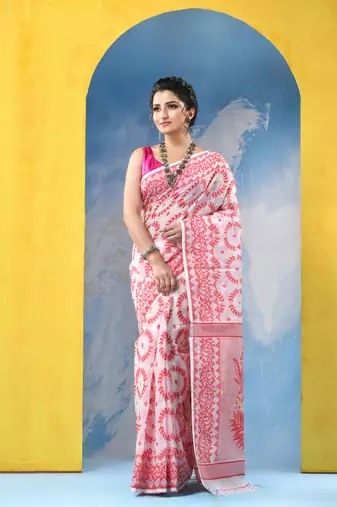 Pink Resham Dhakai Jamdani Cotton Handloom Saree Rose Design Jamdani Saree Without Blouse