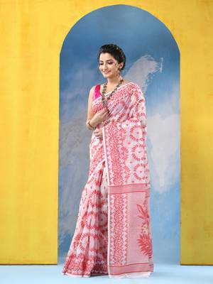 Pink Resham Dhakai Jamdani Cotton Handloom Saree Rose Design Jamdani Saree Without Blouse 3