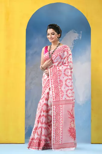 Pink Resham Dhakai Jamdani Cotton Handloom Saree Rose Design Jamdani Saree Without Blouse