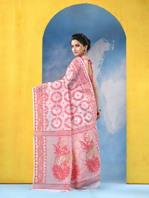 Pink Resham Dhakai Jamdani Cotton Handloom Saree Rose Design Jamdani Saree Without Blouse 5