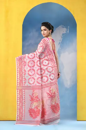 Pink Resham Dhakai Jamdani Cotton Handloom Saree Rose Design Jamdani Saree Without Blouse