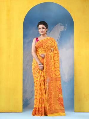 Yellow Resham Dhakai Jamdani Cotton Handloom Saree Rose Design Jamdani Saree Without Blouse 1