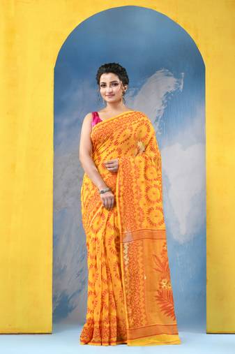 Yellow Resham Dhakai Jamdani Cotton Handloom Saree Rose Design Jamdani Saree Without Blouse