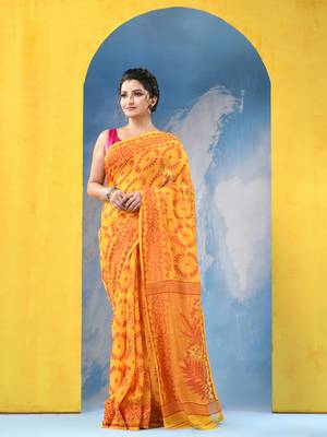Yellow Resham Dhakai Jamdani Cotton Handloom Saree Rose Design Jamdani Saree Without Blouse 2