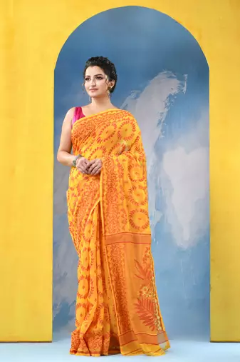 Yellow Resham Dhakai Jamdani Cotton Handloom Saree Rose Design Jamdani Saree Without Blouse