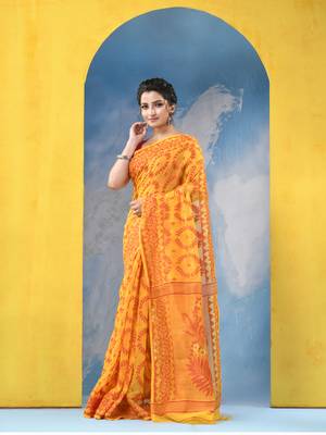 Yellow Resham Dhakai Jamdani Cotton Handloom Saree Rose Design Jamdani Saree Without Blouse 3