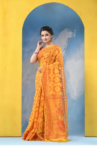 Yellow Resham Dhakai Jamdani Cotton Handloom Saree Rose Design Jamdani Saree Without Blouse