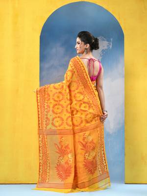 Yellow Resham Dhakai Jamdani Cotton Handloom Saree Rose Design Jamdani Saree Without Blouse 4