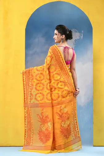 Yellow Resham Dhakai Jamdani Cotton Handloom Saree Rose Design Jamdani Saree Without Blouse