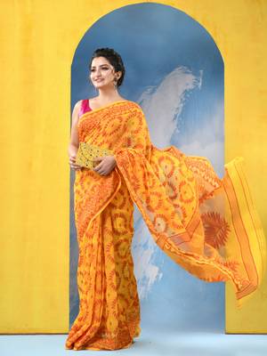 Yellow Resham Dhakai Jamdani Cotton Handloom Saree Rose Design Jamdani Saree Without Blouse 5