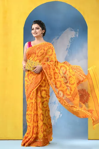 Yellow Resham Dhakai Jamdani Cotton Handloom Saree Rose Design Jamdani Saree Without Blouse