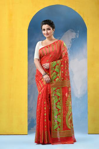 Red Resham Dhakai Jamdani Cotton Handloom Saree Shehnai Design Jamdani Saree Without Blouse