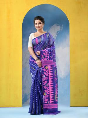 Blue Jamdani Cotton Handloom Saree Sunflower Design Jamdani Saree Without Blouse 1
